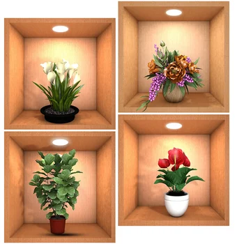 4 Шт Настенная Наклейка Цветочная Аппликация Декор Свежие Растения Дверные Наклейки Украшение Печатной Комнаты Пвх Цветочный Горшок 3d Складной