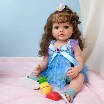 55 см Полностью Силиконовые Детские Куклы-Реборн Реалистичная Игрушка-Реборн Ручная Роспись Имитационная Кукла Кудри 3D Глаза Подарок На День Рождения Для Девочки