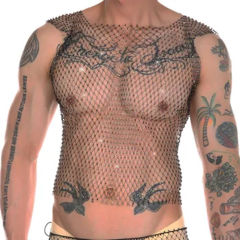 CLEVER-MENMODE, мужские сексуальные майки в сеточку, блестящий прозрачный жилет со стразами, сетчатая футболка без рукавов, прозрачная одежда