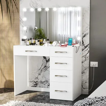 Ember Interiors Leia Современный туалетный столик, окрашенный в белый цвет, USB-порт, светильники, комоды для мебели спальни