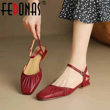 FEDONAS базовые сандалии женщин квадратный носок низкие каблуки обувь Женщина весна лето лодыжки ремень из натуральной кожи повседневная офисная Леди насосы