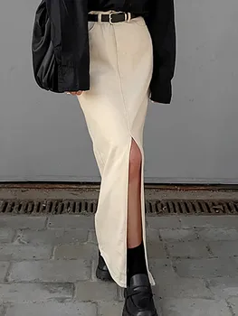 GUUZYUVIZ Элегантные женские юбки с разрезом спереди Y2k Корейская модная простая однотонная длинная юбка Jupe Femme