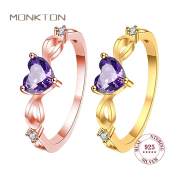 Monkton 100% Стерлингового серебра 925 пробы, кольца с аметистом для женщин, обручальное кольцо в форме сердца, подарок для новобрачных