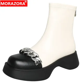 MORAZORA 2023, Новые ботильоны из эластичной ткани смешанных цветов, эластичные ботинки на молнии на среднем квадратном каблуке, осенние ботинки на платформе со стразами
