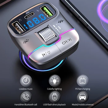 Автомобильный FM-передатчик Bluetooth 5.3 Беспроводной Автоматический адаптер Bluetooth MP3-плеер Громкая связь Двойное зарядное устройство USB PD Роликовое колесо