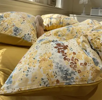 Винтажный желтый комплект постельного белья в пасторальной расцветке с пасторальным цветком для девочки, твин с полной королевой, ретро хлопчатобумажный домашний текстиль, простыня, наволочка, пододеяльник