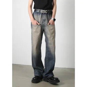 Выстиранные, сшитые из старых прямых джинсов, мужские новые брюки с карманами в американском стиле, свободные, с индивидуальными карманами