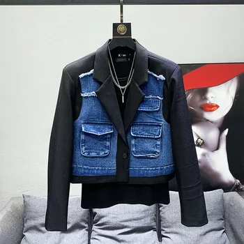Дизайн 2023 года, короткий джинсовый пиджак в стиле пэчворк, Высококачественная мужская накладка на плечо, Элегантный Модный Оригинальный блейзер с бесплатной доставкой