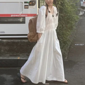 Женское летнее винтажное длинное белое платье в складку оверсайз, макси-сарафан с коротким рукавом и U-образным вырезом, французский стиль 2023
