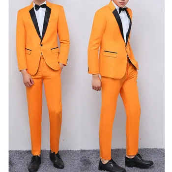 Зазубренный лацкан, сшитый на заказ из 2 предметов, куртка + брюки, Повседневные мужские костюмы, Приталенный Оранжевый Блейзер, Брюки, Деловой формальный свадебный костюм