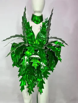 Зеленый костюм с листьями из лазерной кожи, костюм для выступлений, мужской женский певец, сценический танец, вечеринка Gogo, рождественская одежда с преувеличенным дизайном.
