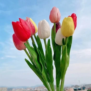 Искусственные Тюльпаны Цветы Настоящие Сенсорные Тюльпаны, Поддельный Букет Тюльпанов из Искусственной Кожи Латексные Цветы Тюльпаны для Украшения Свадебной вечеринки, Набор из 5