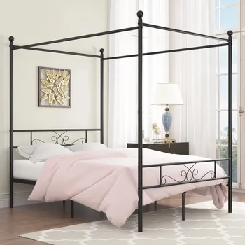 Каркас кровати на платформе с металлическим балдахином, Мебель для спальни, Черный каркас кровати, мебель для спальни с кроватью размера 