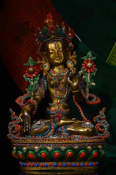 Коллекция Тибетского храма 14 дюймов, старинный бронзовый контур в золотой мозаике, драгоценный камень Гзи, бусины Белой Тары, зал поклонения Сидящему Будде, городской дом