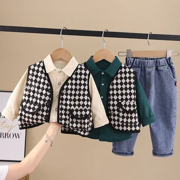 Комплекты из трех предметов для маленьких мальчиков, осенний детский новый клетчатый жилет, рубашка и брюки 2023 года выпуска