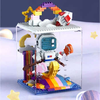 Креативный Мини-космонавт, Астронавт, Строительные блоки, Коробка для показа, модель украшения в виде звезды и Луны, Кирпичи, Игрушки, Подарок детям на День рождения