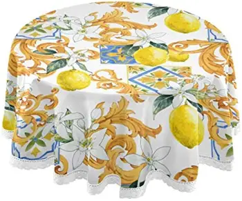 Круглая скатерть с желтыми, лимонными и белыми цветами, кружевные скатерти из полиэстера, круглая скатерть 60 дюймов для вечеринки по случаю дня рождения