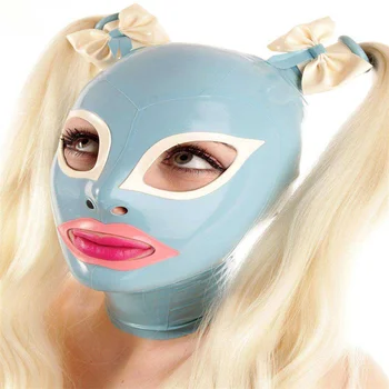 Латексная маска ручной работы с капюшоном, резиновая маска с 2 париками, молния сзади, голубое озеро с белым открытым ртом для женщин