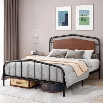 Металлический Каркас кровати с Деревянным изголовьем и изножьем Сверхпрочный Металлический Каркас Кровати-платформы с Большим Местом для хранения под кроватью