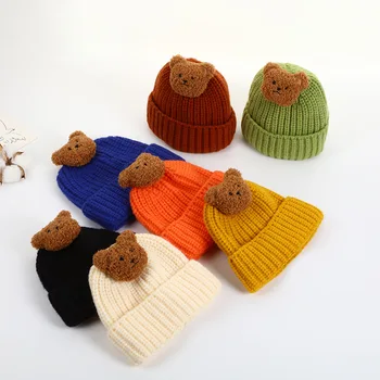 Милая вязаная теплая Детская шапочка с мишкой, осенне-зимняя шапка для Корейских мальчиков и девочек, детская шапочка, Однотонные Мягкие вязаные шапочки для малышей, Вязаные крючком,