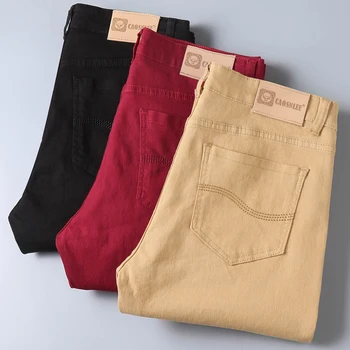 Модные деловые повседневные прямые красные, черные, цвета хаки, белые джинсовые брюки, уличная одежда, Классические высококачественные джинсы-скинни, горячая распродажа, мужские джинсы-скинни.