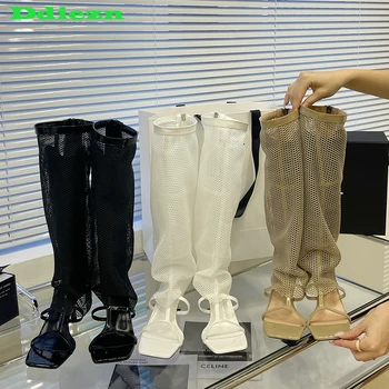 Модные женские туфли-лодочки на молнии до колена, длинные сапоги, обувь для современных сетчатых дам, ботинки 