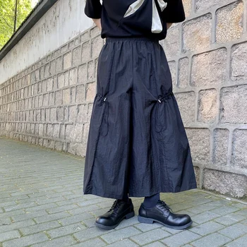 Модные мужские и женские широкие брюки Унисекс с эластичной резинкой на талии, регулируемые по бедрам дизайнерские брюки с завязками, черный свободный размер