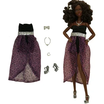 Модные фиолетово-черные Леопардовые наряды для куклы Барби Платье Ожерелье Обувь для куклы Барби Комплект одежды 1/6 Аксессуары для кукол Игрушки