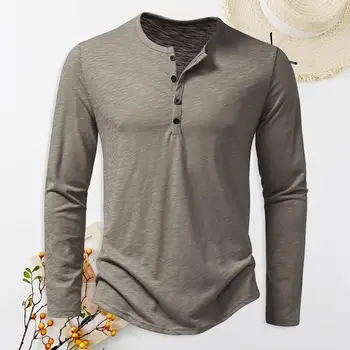 Мужская осенне-весенняя футболка с круглым вырезом и пуговицами, однотонный тонкий пуловер с длинным рукавом, Мягкий повседневный топ на каждый день, спортивная одежда