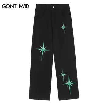 Мужские джинсовые брюки Уличная одежда в стиле хип-хоп, Винтажные Мешковатые джинсовые брюки с вышитыми звездами, Повседневные брюки с высокой талией Harajuku 2023, Черные