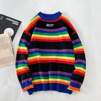 Мужской винтажный вязаный свитер в радужную полоску, вязаный пуловер с длинным рукавом и круглым вырезом, Y2k Streewear, Корейская толстовка Overszie Sweatshirt