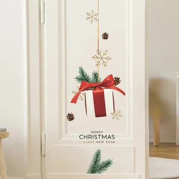Наклейки на стены с рисунком Рождественского подарка, Рождественские Украшения двери, Обои, Домашний декор, Новогодние наклейки, Наклейка на Стеклянное окно, Дверная наклейка.