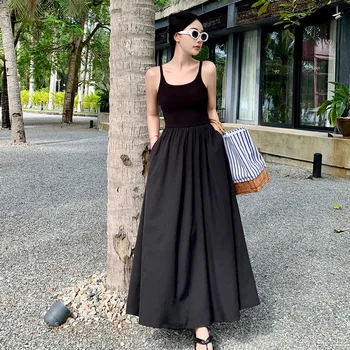 Нишевое платье French Goddess Fan для приморского курорта, огромное и тонкое черное банкетное платье, юбка в пол