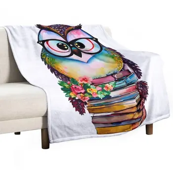 Новая красочная Акварель с мудрой и причудливой совой - Очаровательная сова в очках на книгах, плед для пикника, Одеяло
