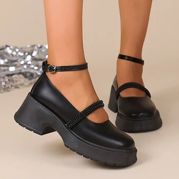 Новые модные женские туфли-лодочки с эластичной резинкой и ремешком на щиколотке, лоферы на толстой платформе, Женские черные кожаные туфли на массивном каблуке, женские туфли