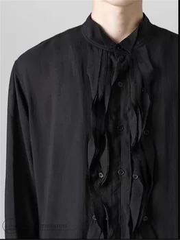 Новый весенне-осенний дизайн черной рубашки большого размера с длинными рукавами и оборками tide