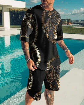 Новый летний спортивный костюм Европейского и американского размера, мужская модная повседневная пляжная футболка с 3D-цифровой печатью, костюм с шортами