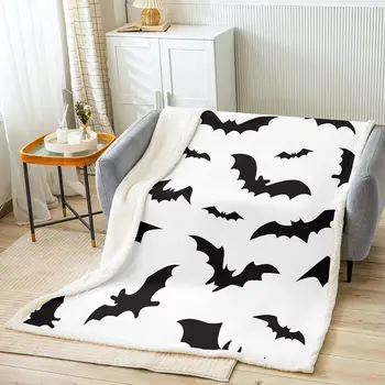 Одеяло Шерпа с летучими мышами на Хэллоуин, детское черно-белое Флисовое одеяло с летучей мышью, детское Плюшевое одеяло с пугающим декором на Хэллоуин