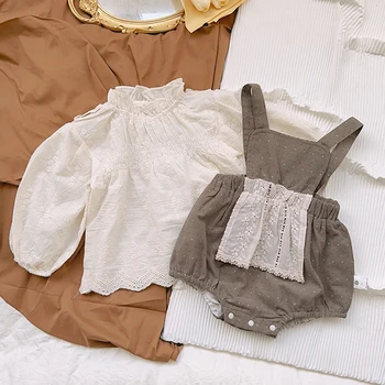 Осенне-весенний Корейский стиль, Детская одежда, костюм, хлопковая рубашка с длинными рукавами + комбинезон, Комплект одежды для новорожденных девочек
