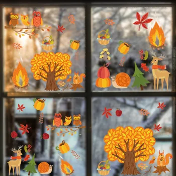Осенние листья на День Благодарения, цепляющиеся за окна, Сова, Белка, украшения из клена, осенние наклейки, украшения для вечеринок
