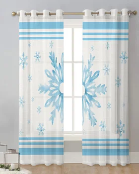 Рождественская зимняя занавеска в голубую полоску со снежинками, тюлевые занавески для гостиной, кухонные шторы, вуалевые занавески