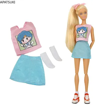 Розовый жилет-майка, топы с милым рисунком мальчика из мультфильма, синяя юбка для куклы Барби, модный летний комплект одежды, Носки для 1/6 кукол.
