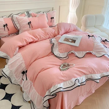 Розовый комплект постельного белья Корейской принцессы Из выстиранного хлопка, Покрывало для девочек, Однотонное Стеганое одеяло с кружевным бантом, Плоская простыня, Декор, Домашний текстиль