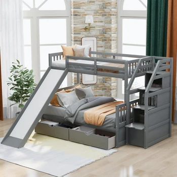 Серая двухъярусная кровать с выдвижными ящиками, местом для хранения и горкой, многофункциональная, легко монтируемая Для мебели для спальни в помещении