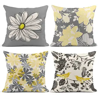 Серо-белая желтая льняная наволочка с цветами хризантемы и птицами, чехол для диванной подушки, украшение для дома, могут быть настроены специально для вас