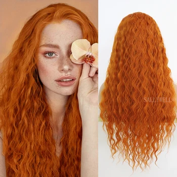 Синтетические парики на кружеве 13x4, Имбирно-оранжевый парик с глубокими волнами на лбу, с волосами младенца, распущенный волнистый парик с волнистыми волнами воды