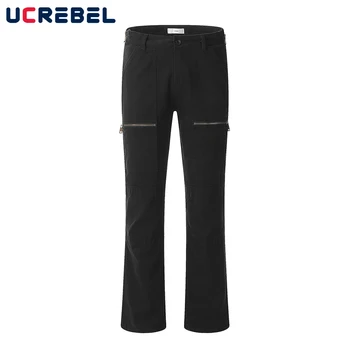 Стираемые черные повседневные брюки-карго в стиле Vibe, мужские однотонные брюки с прямыми штанинами, украшенные молнией, мужские