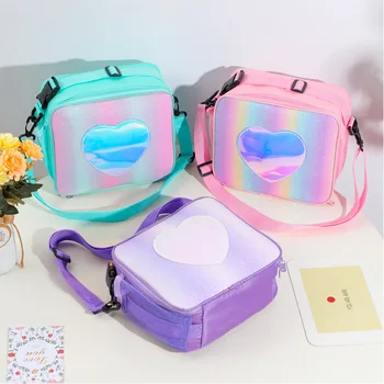 Сумка для ланча с единорогом для девочек, розовая, фиолетовая, зеленая, для детей, сумка со льдом в виде сердца, переносная термоизолированная сумка для ланча, сумка для пикника Kawaii