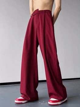 Тренд мужской моды 2023 года, Высококачественные повседневные брюки в полоску с принтом из ледяной шелковой ткани Красного / черного цвета, Свободные костюмные брюки M-2XL