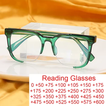 Уникальные Полуприкрытые Прозрачные зеленые очки для чтения для женщин, мужчин 2023, Против усталости, Модные негабаритные Квадратные очки для дальнозоркости + 2